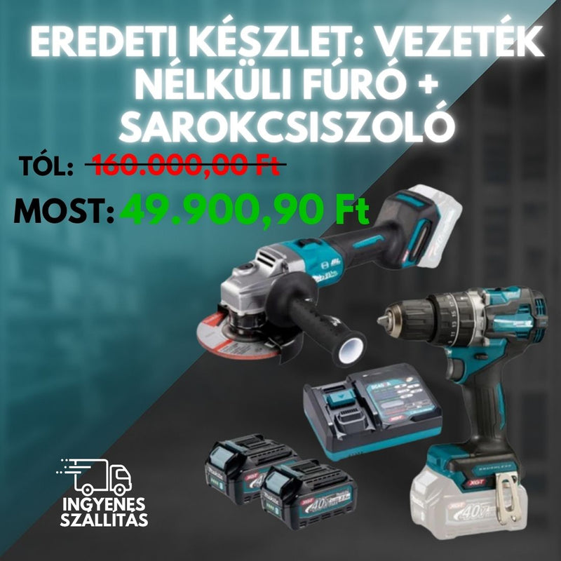 EREDTI KÉSZLET: VEZETÉK NÉLKÜLI FÚRÓ + NAGY TELJESÍTMÉNYŰ SAROKCSISZOLÓ + 26 KIEGÉSZÍTŐ + 2 AKKUMULÁTOR