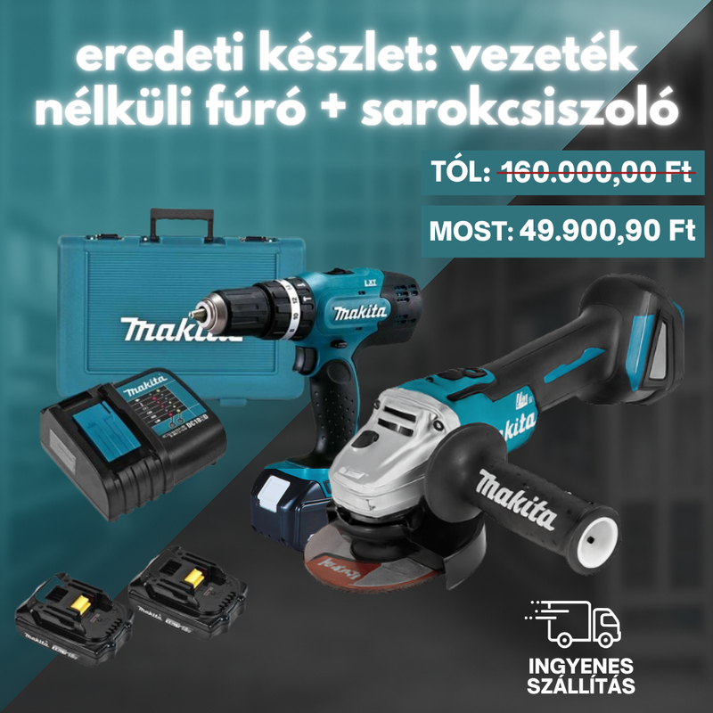 EREDTI MAKITA KÉSZLET: Vezeték nélküli fúró + nagy teljesítményű sarokcsiszoló + 26 kiegészítő + 2 akkumulátor