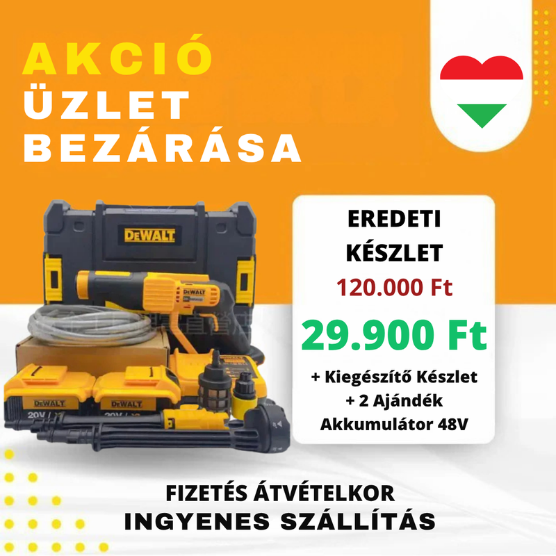 DeWALT Hordozható Magasnyomású Mosó + Kiegészítők + 2 Ajándék Akkumulátor (48V)
