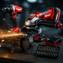 EREDTI EINHELL KÉSZLET: Vezeték nélküli fúró + nagy teljesítményű sarokcsiszoló + 26 kiegészítő + 2 akkumulátor